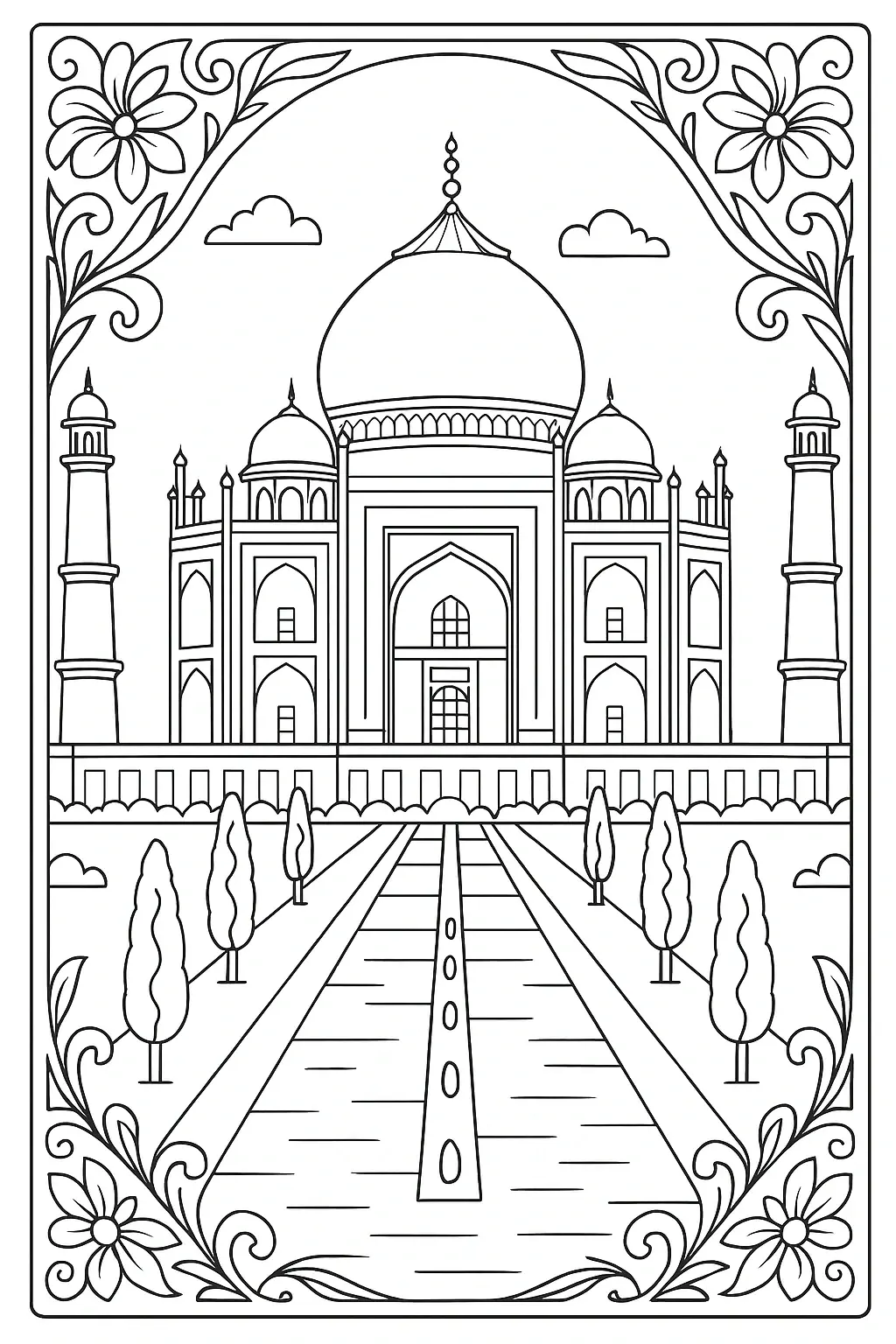 Black and white Taj Mahal coloring sheet with floral border a printable coloring page for kids' coloring page and detailed coloring page, a coloring sheet for all ages.