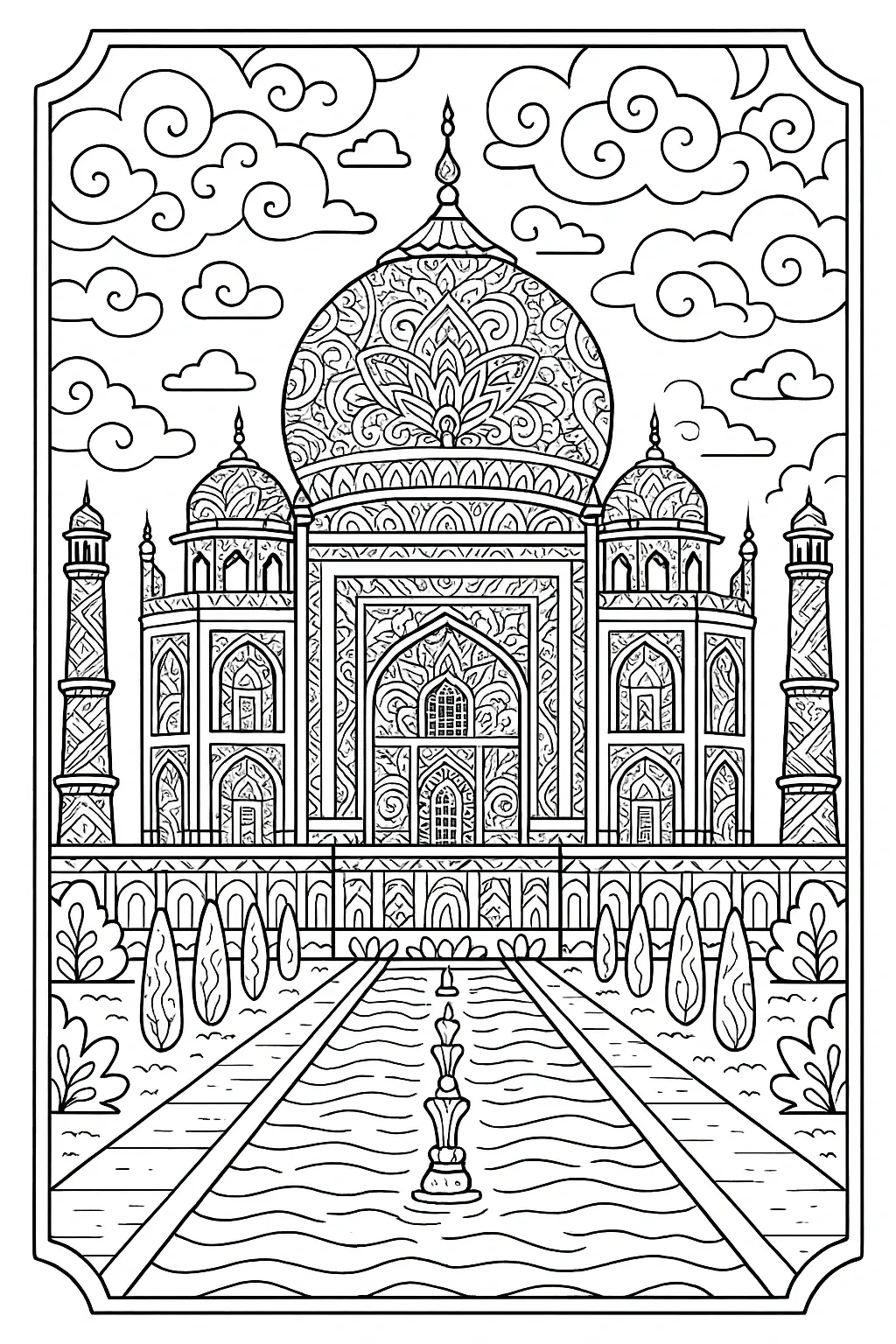 Taj Mahal coloring page with mandala patterns detailed coloring page, kids' coloring page, printable coloring page, coloring sheets.