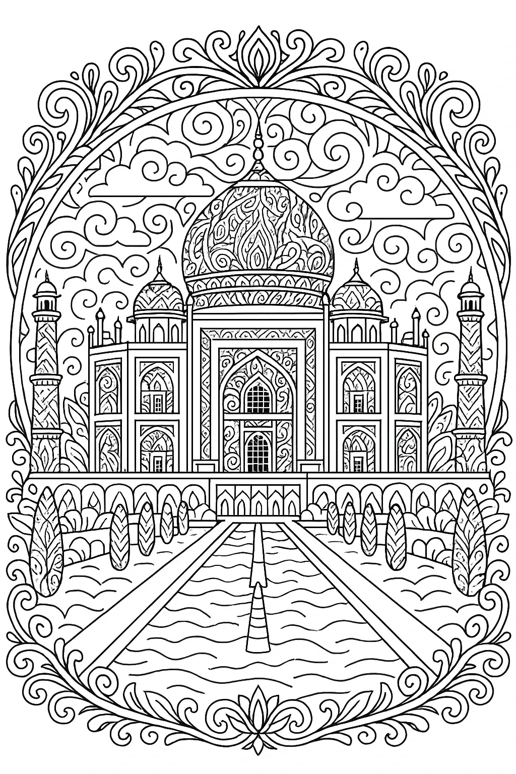 Black-and-white mandala-style Taj Mahal architecture coloring page with ornate dome, minarets, reflecting pool and decorative floral border detailed coloring page, kids' coloring page, printable