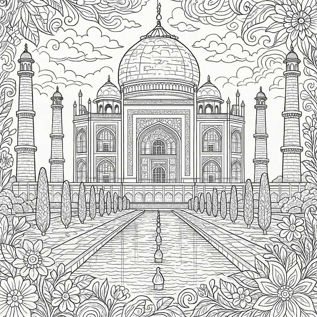 Taj Mahal line art coloring page with floral mandala border detailed coloring page, kids' coloring page, printable coloring page and coloring sheets.