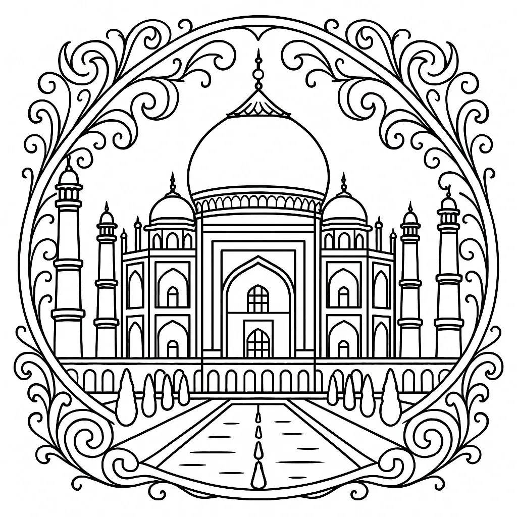 Taj Mahal mandala coloring page detailed coloring page line art for kids' coloring page and printable coloring page; intricate coloring sheets for relaxing mandala fun.