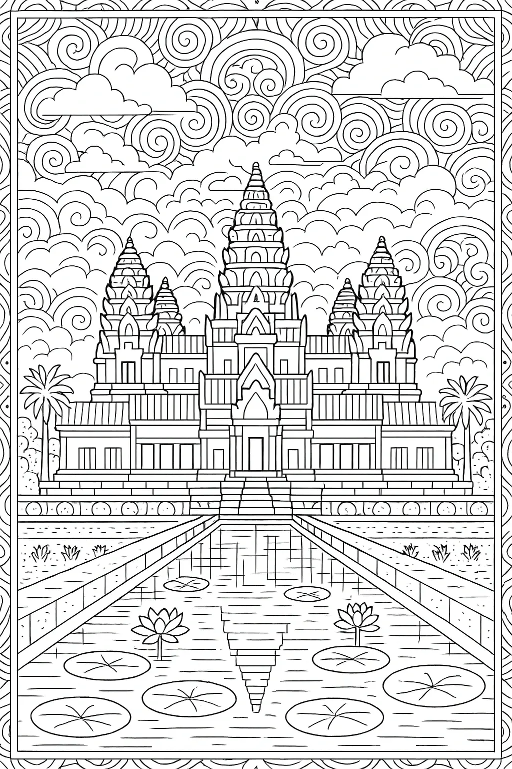 Black-and-white temple line art coloring page with lotus pond reflection, swirled cloud mandala background a detailed coloring page scene that works as kids' coloring page, printable coloring page and