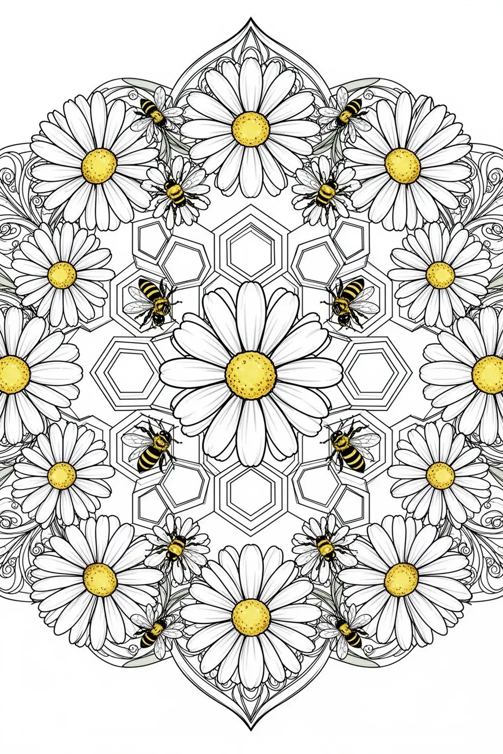 Spring daisy and bee mandala coloring page.