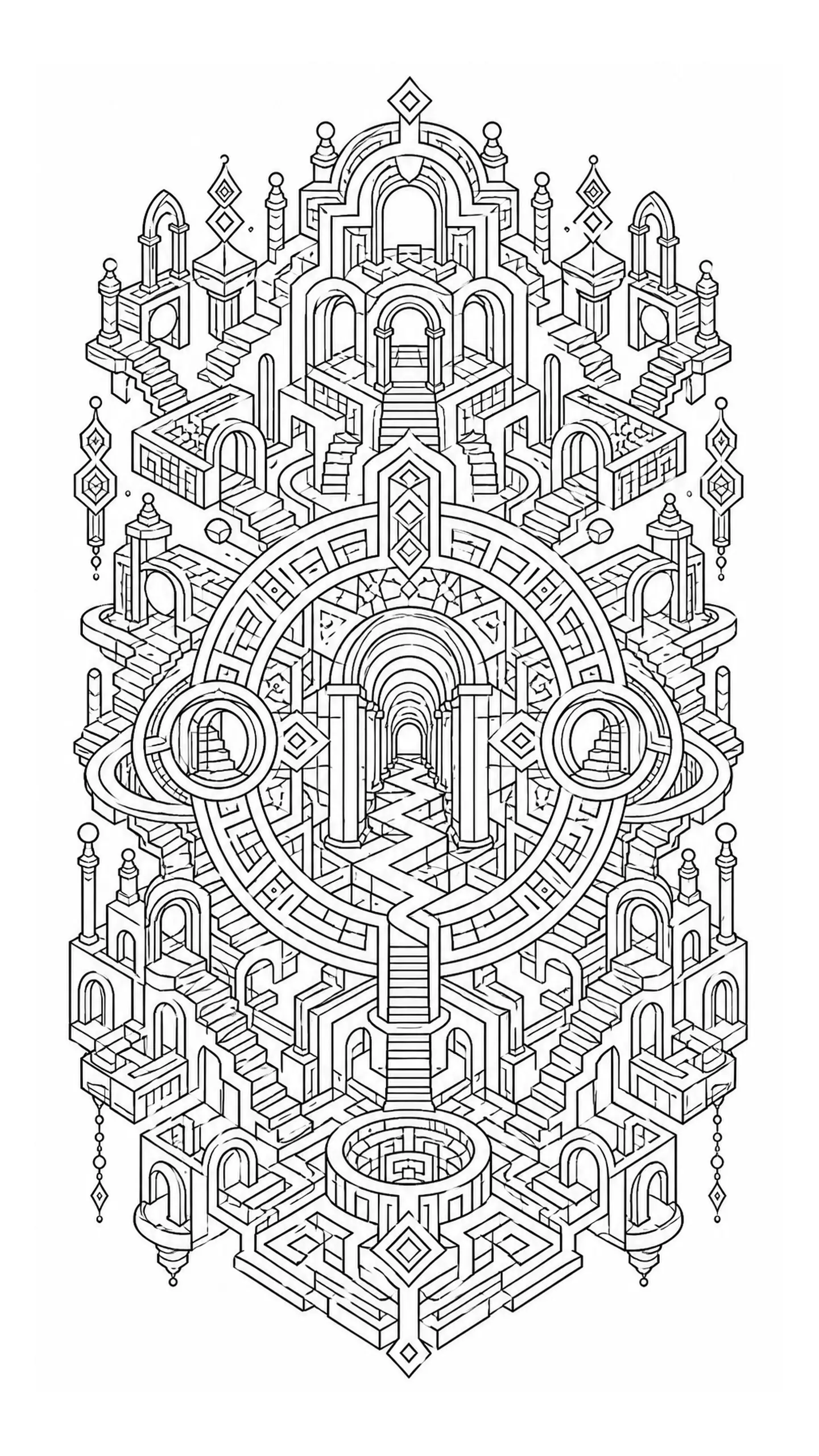 Intricate symmetrical geometric labyrinth coloring page with arches, staircases, and mandala-like architectural patterns.