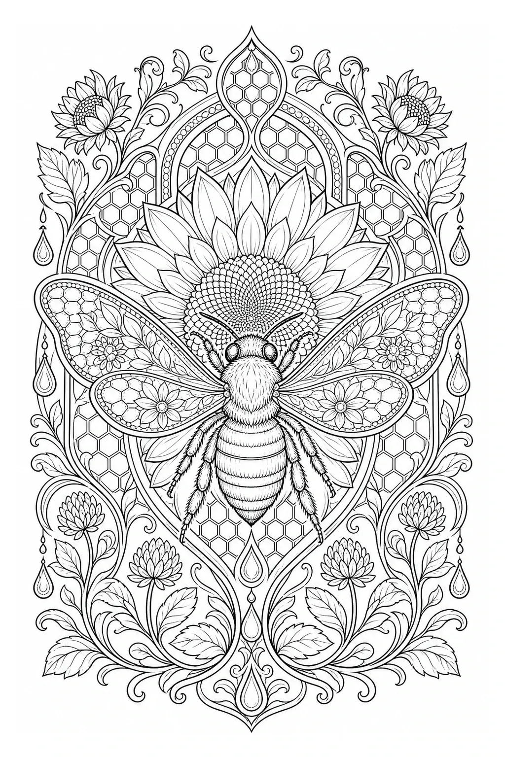 Intricate mandala coloring page featuring a honeybee with sunflower petals, honeycomb patterns, and floral ornament details.