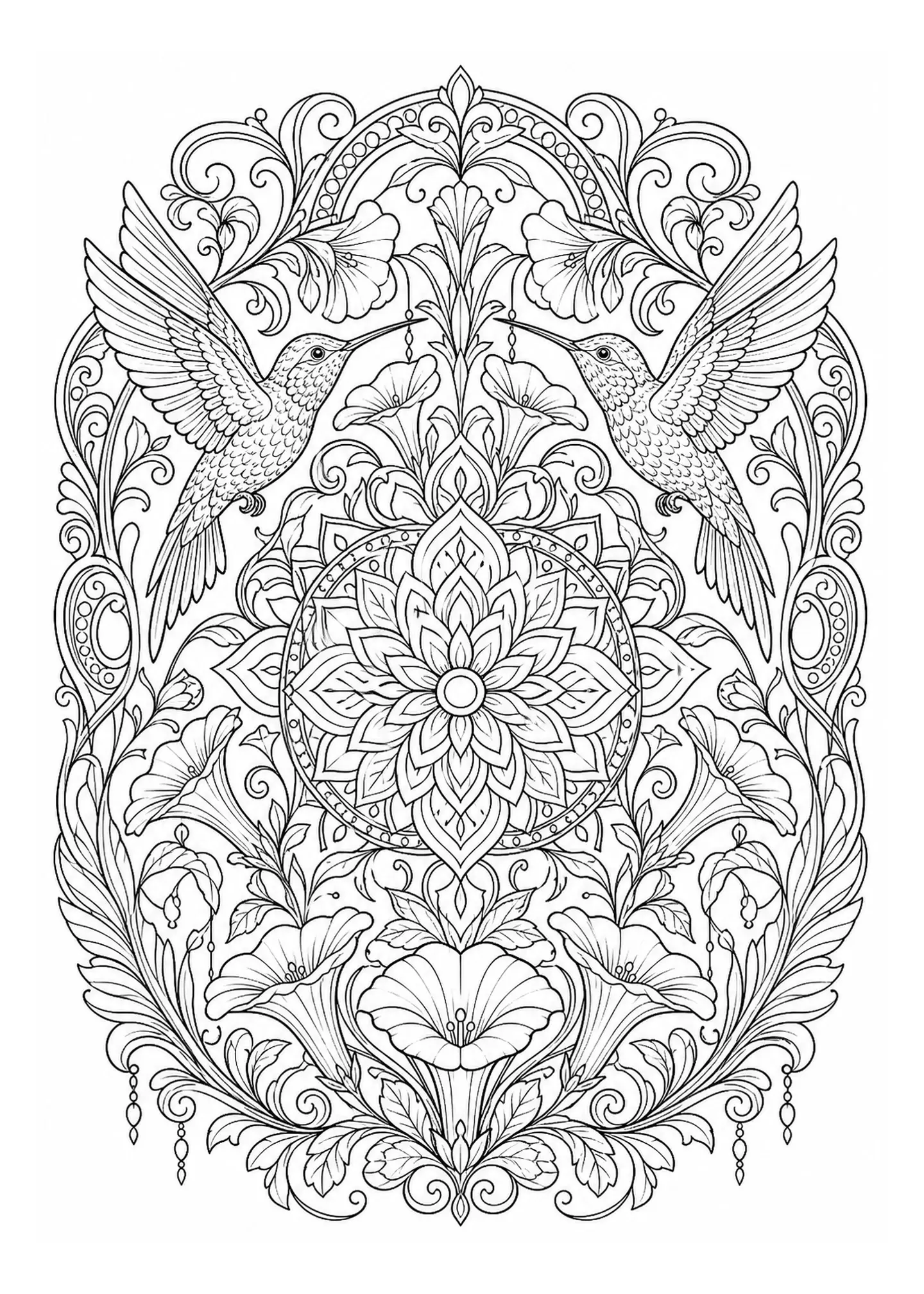 Intricate black-and-white mandala coloring page with two hummingbirds facing each other among ornate floral swirls and symmetrical decorative patterns.