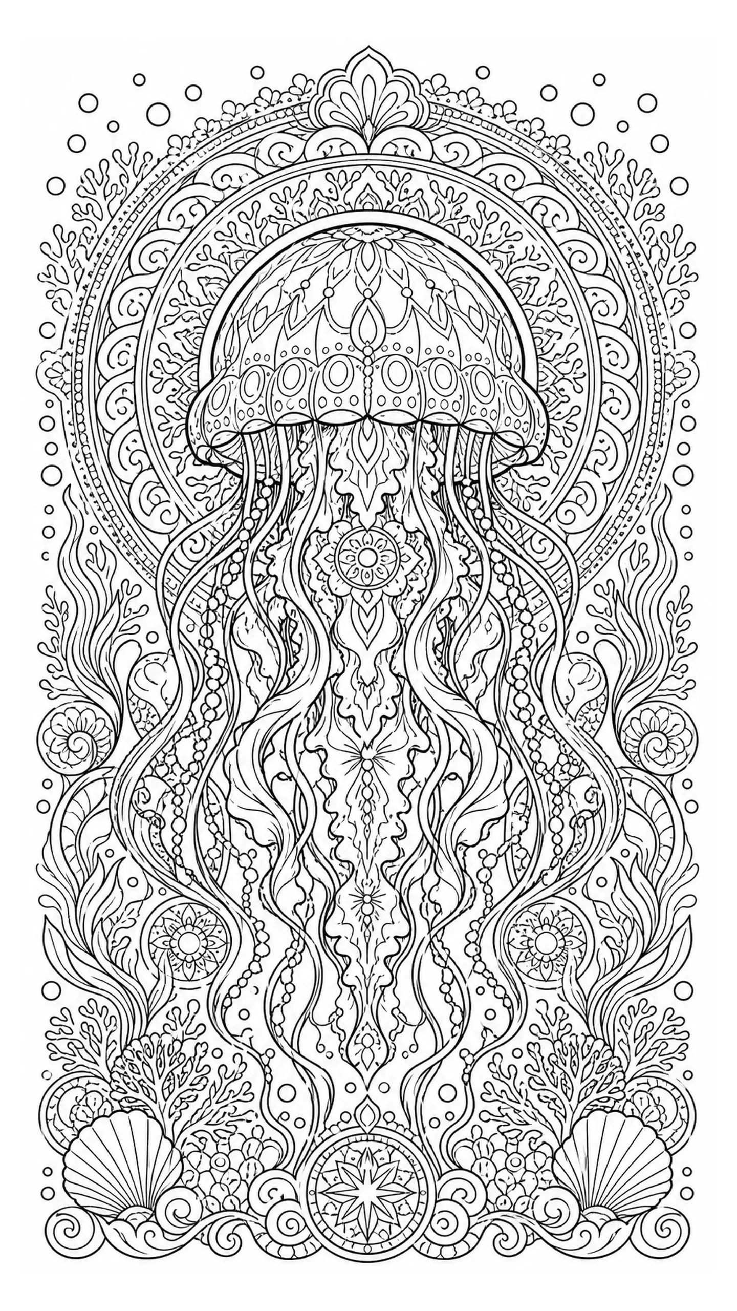 Intricate jellyfish mandala coloring page with ornate ocean-inspired patterns and seaweed details.