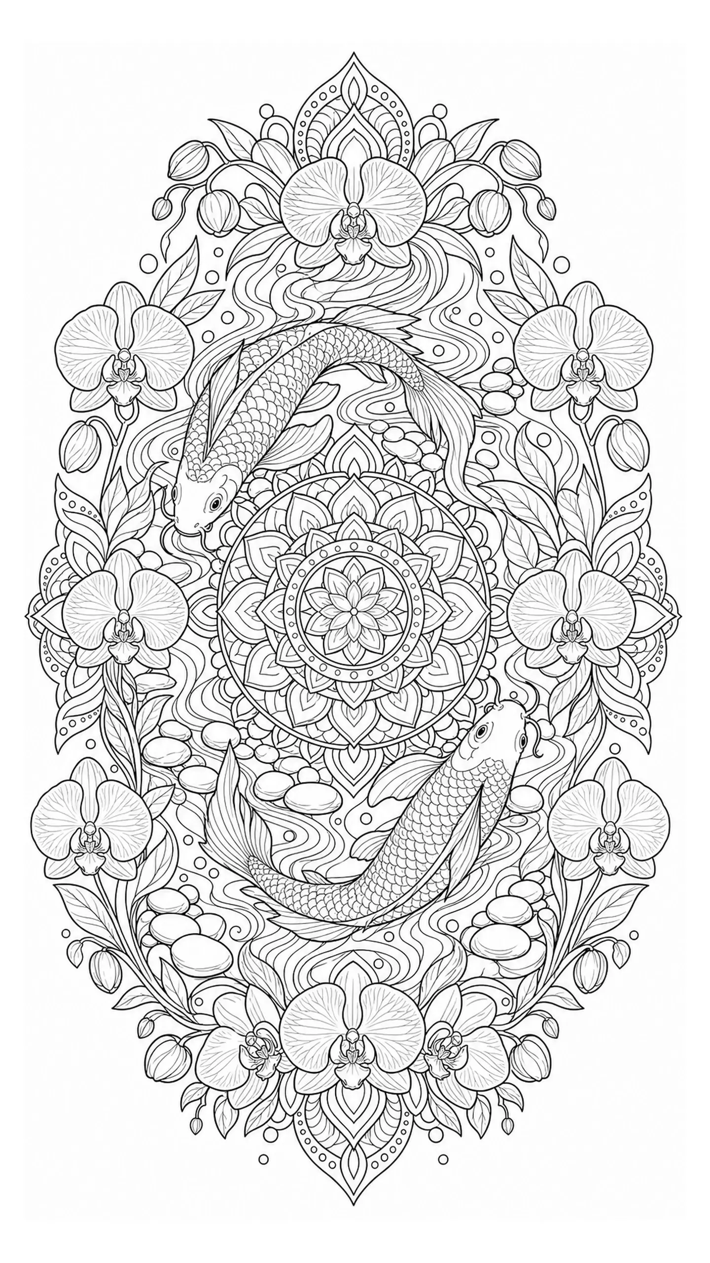Intricate black and white mandala coloring page with two koi fish, orchids, leaves, pebbles, and flowing water.