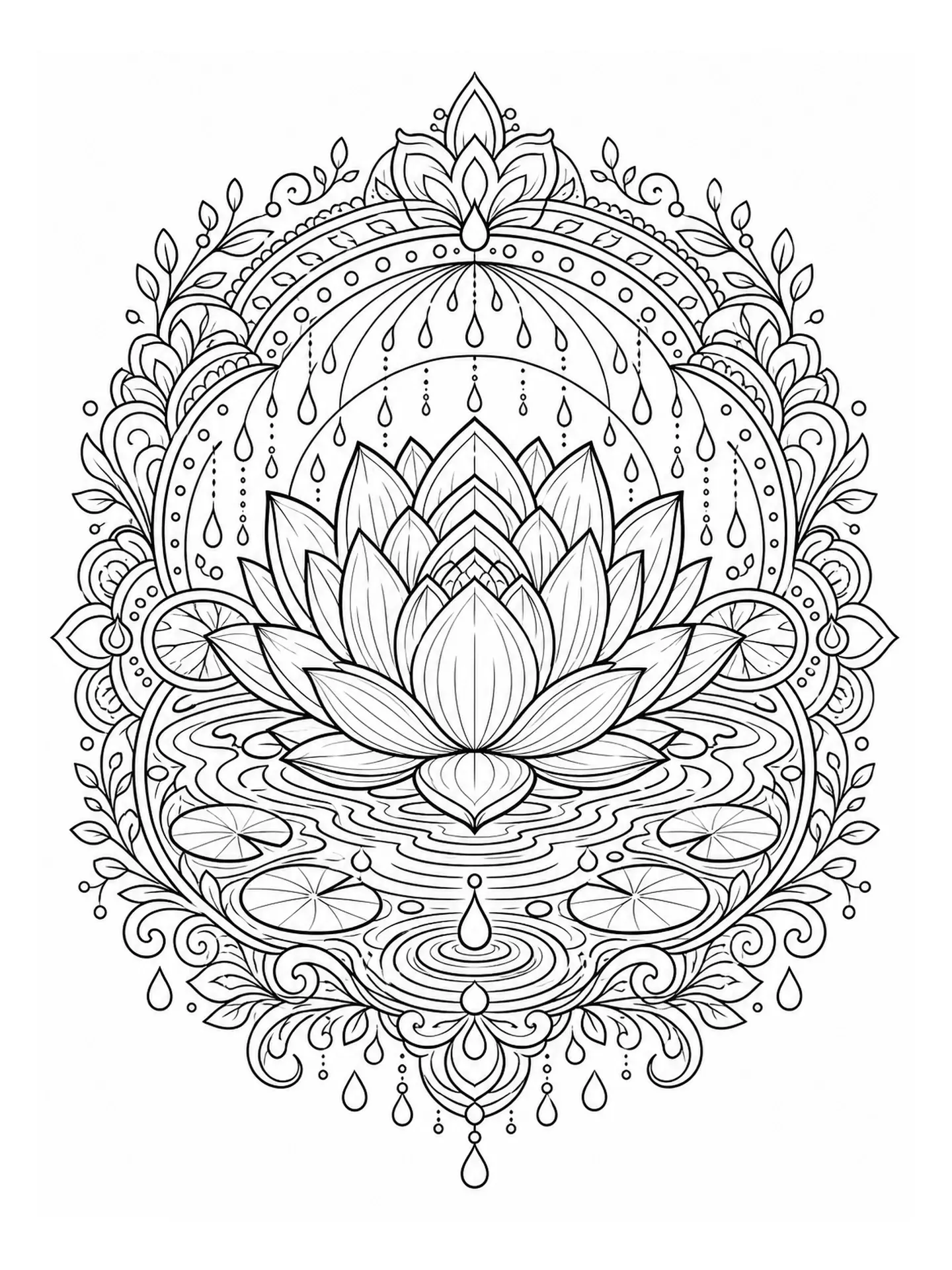 Black and white coloring page of intricate lotus mandala with layered petals, water droplets, rippling water, and decorative floral borders