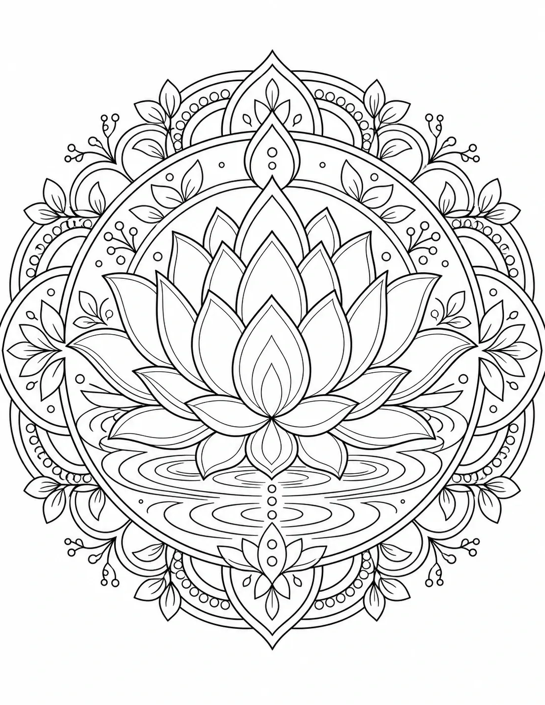 Intricate lotus flower mandala coloring page with symmetrical floral details and decorative circular patterns.