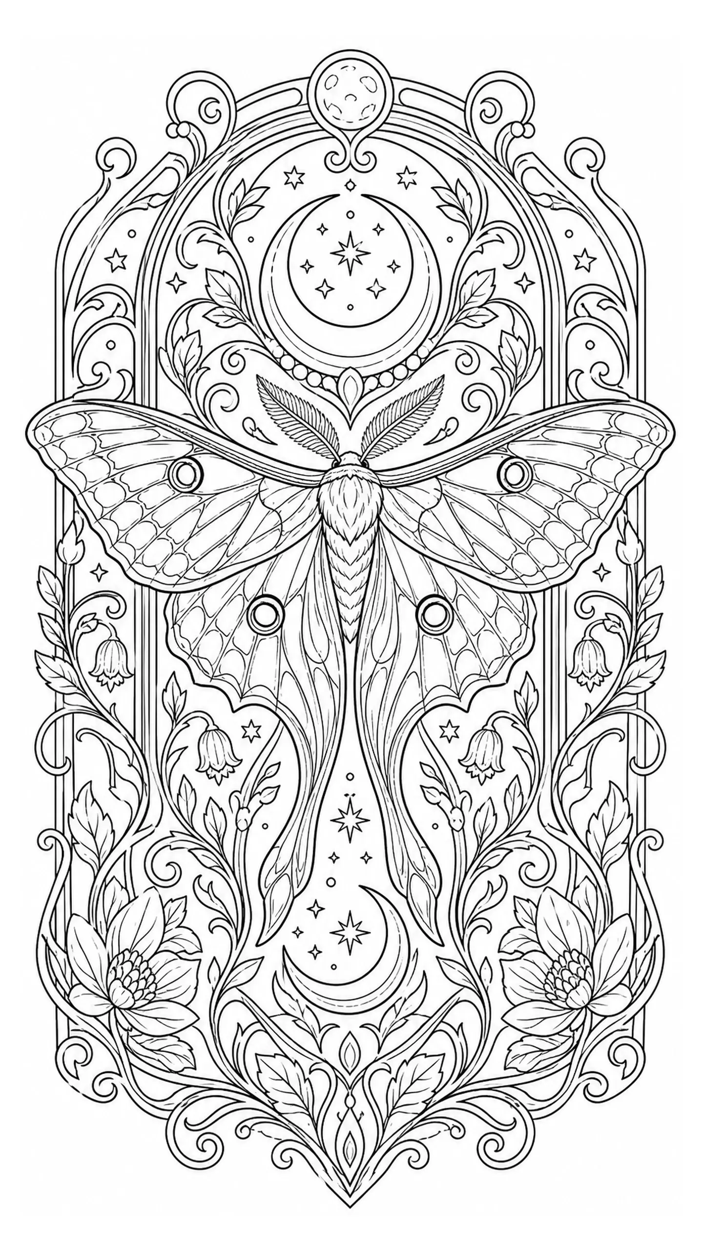 Black and white coloring page of intricate Art Nouveau-style lunar moth mandala with crescent moons, stars, and floral ornaments