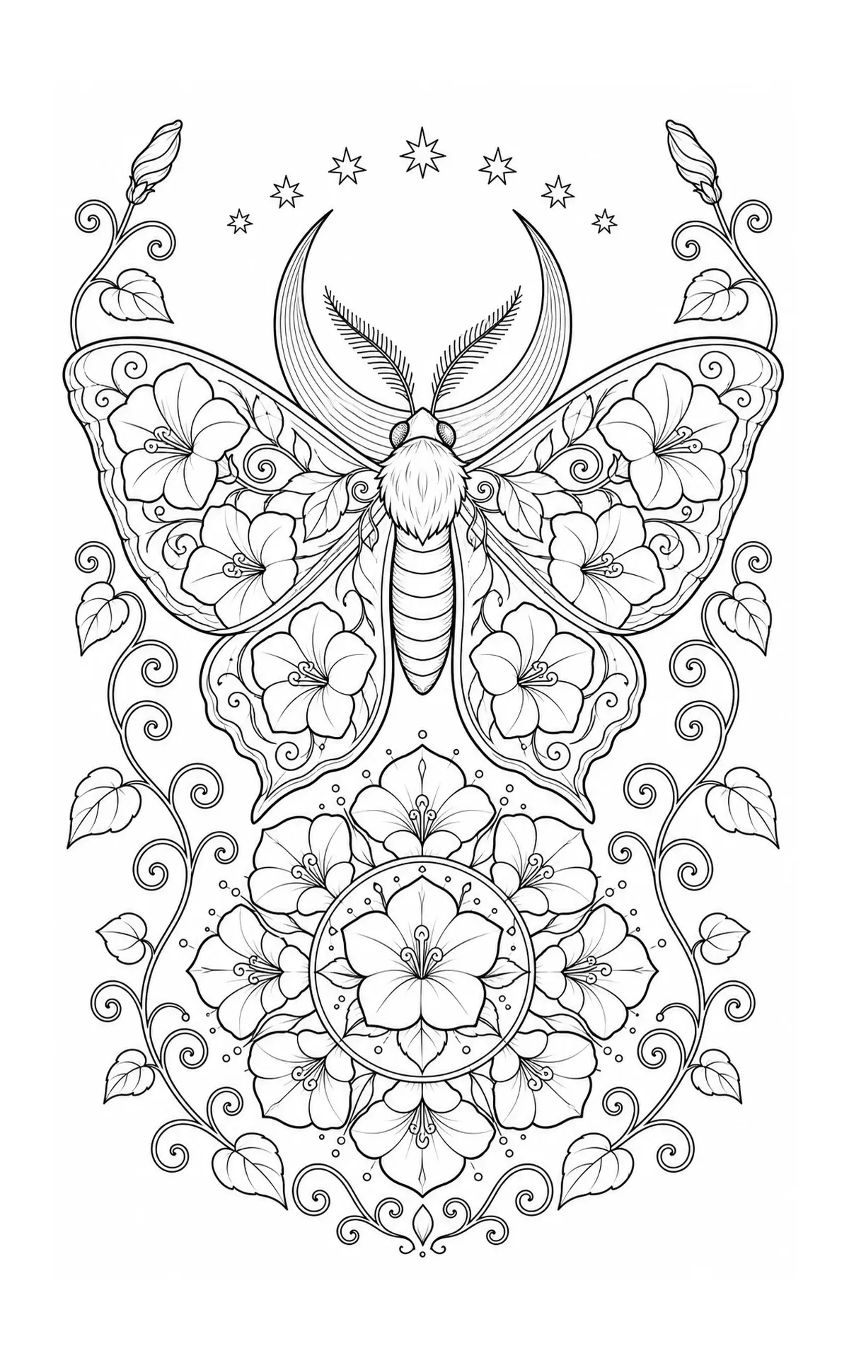A detailed moth mandala coloring page with flowers, curling vines, and stars.