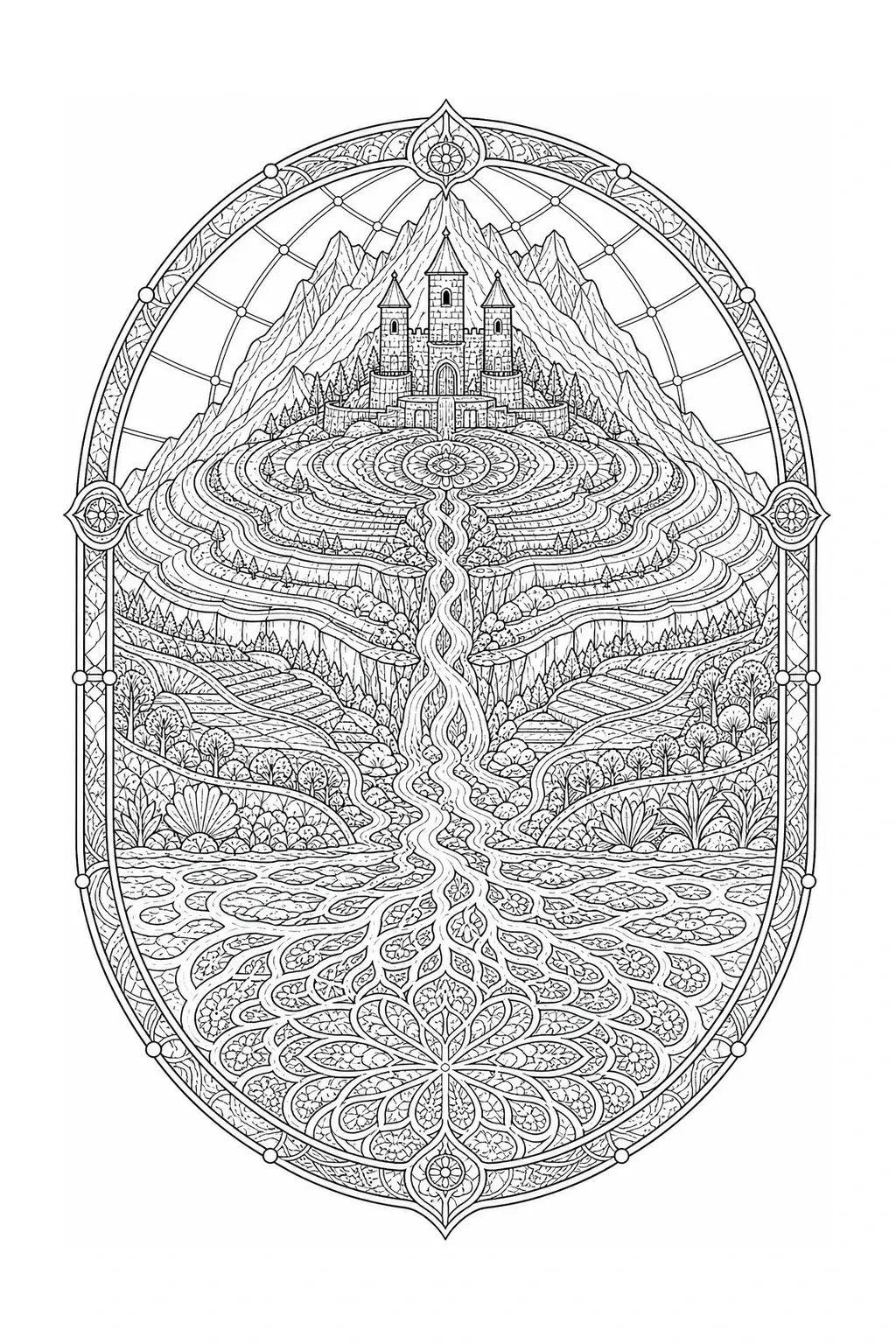 An intricate mandala-style coloring page featuring a castle on a mountain with flowing waterfalls, terraced landscape details, and an ornate symmetrical border.