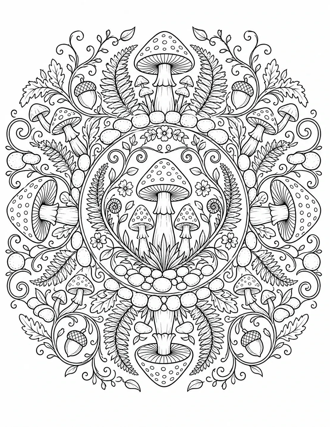 Black and white coloring page of intricate symmetrical mushroom forest mandala with mushrooms, leaves, ferns, acorns, and swirling botanical details in black-and-white line art