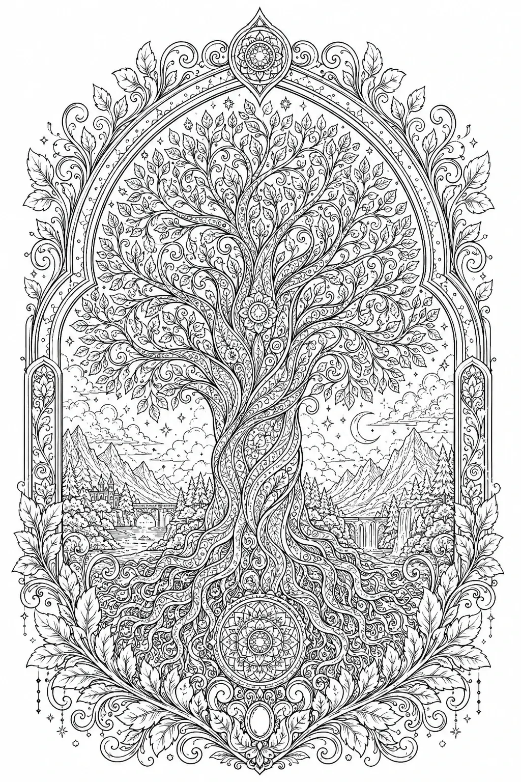 An intricate tree coloring page framed by a decorative arch with leaves, vines, mountains, and a moonlit landscape.