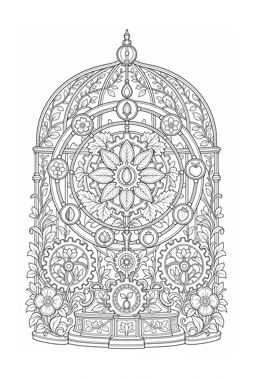 Black and white coloring page of intricate black-and-white mandala with gears, flowers, leaves, and an ornate clockwork garden design