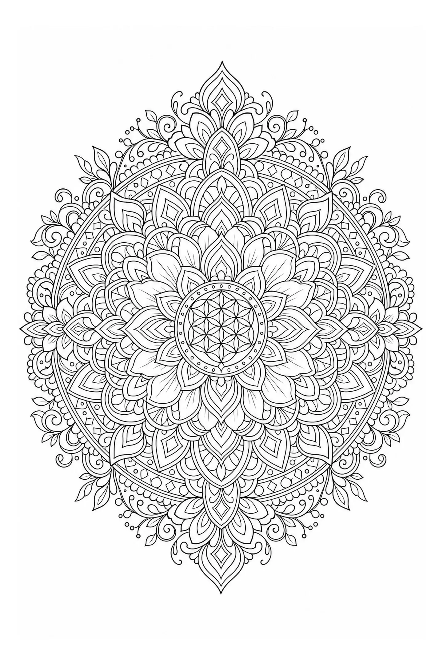 Black and white coloring page of intricate symmetrical floral mandala with layered petals, leaves, and geometric details in black-and-white line art