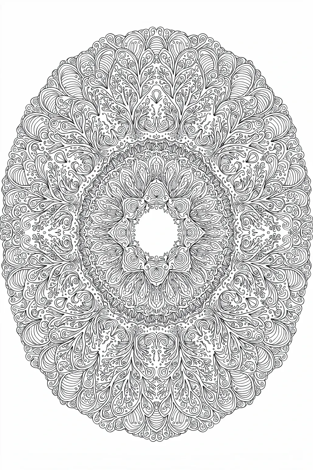 Black and white coloring page of intricate circular floral mandala with symmetrical leaf and swirl patterns for coloring