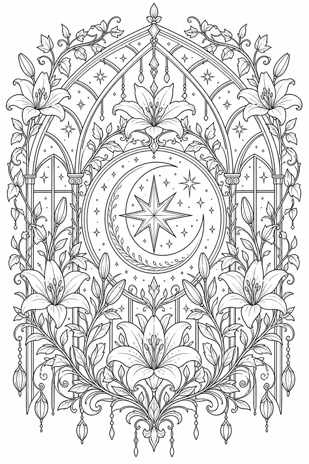 Intricate black and white coloring page with an ornate floral mandala, lilies, a crescent moon, and stars in a symmetrical arch design.