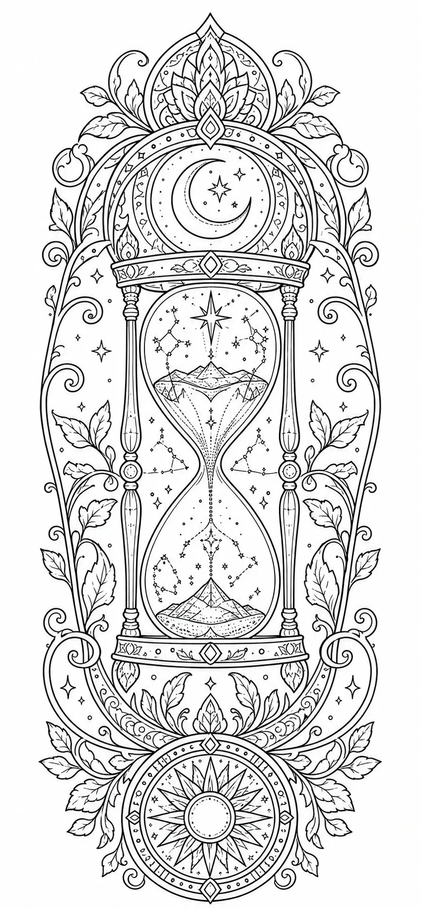 An ornate hourglass coloring page with a crescent moon, stars, and floral scrollwork in a symmetrical black-and-white design.
