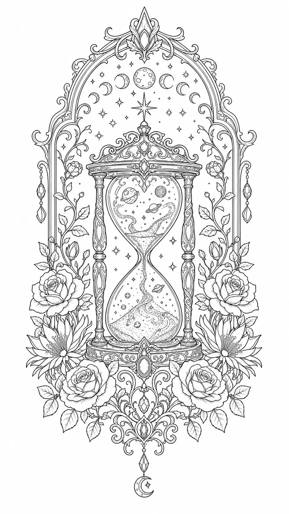 An ornate hourglass coloring page with moons, stars, and flowers in a symmetrical frame.