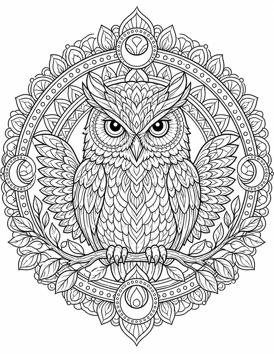 Intricate owl mandala coloring page with a symmetrical decorative border and leafy details.