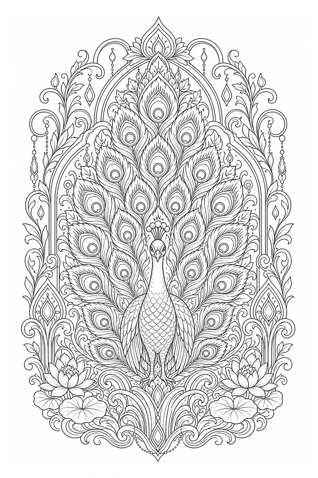 Intricate peacock mandala coloring page with feather patterns, floral accents, and an ornate symmetrical frame.