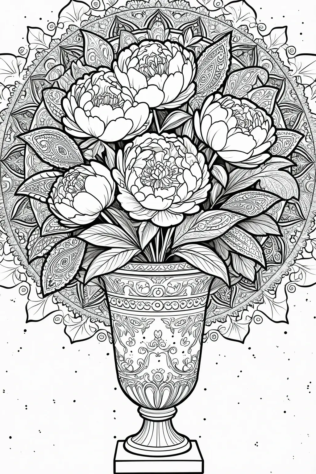 Black and white coloring page of intricate peony flower bouquet arranged in a decorative vase with mandala-style floral patterns and leaves