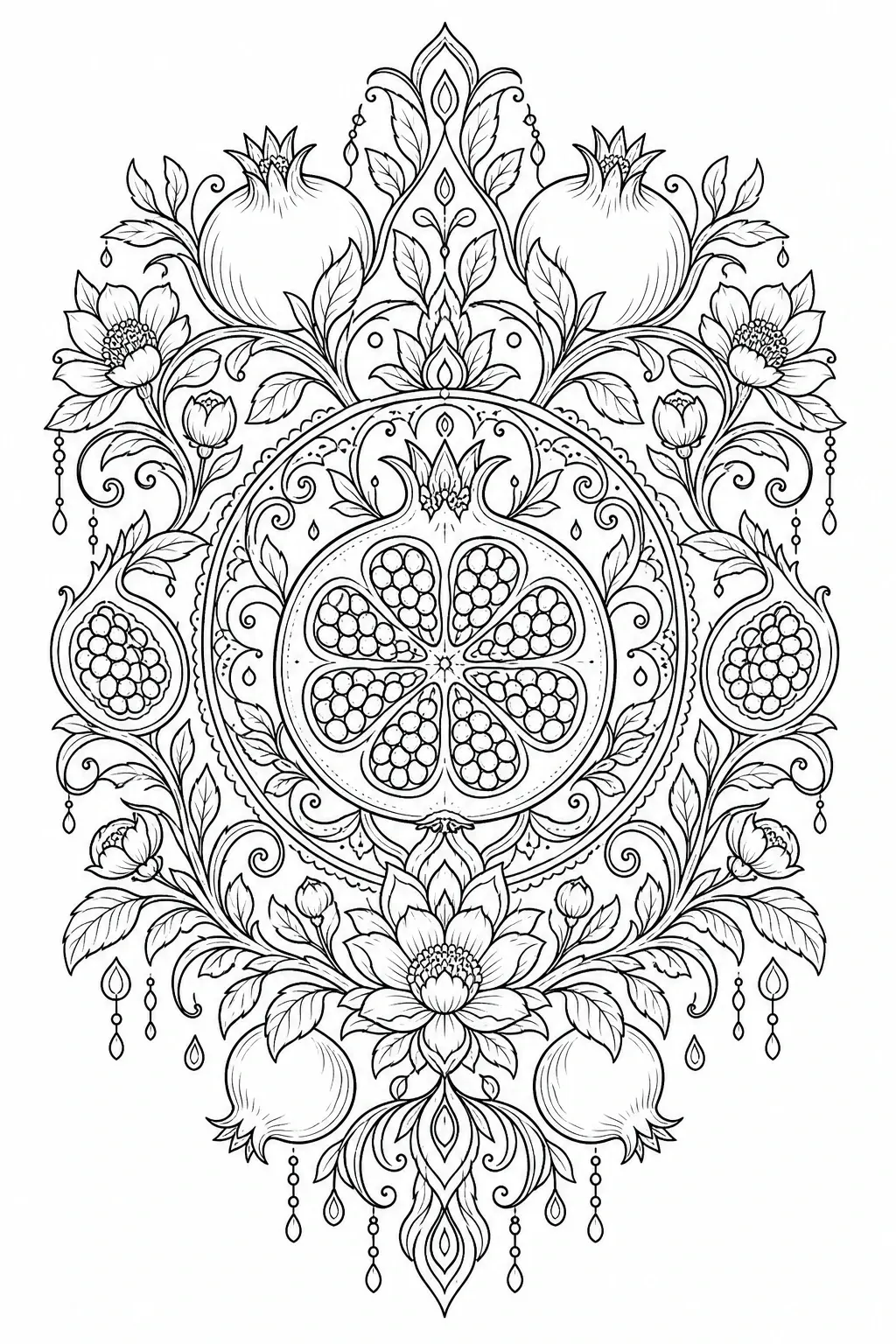 Detailed floral mandala coloring page with pomegranates, leaves, and symmetrical ornamental patterns.