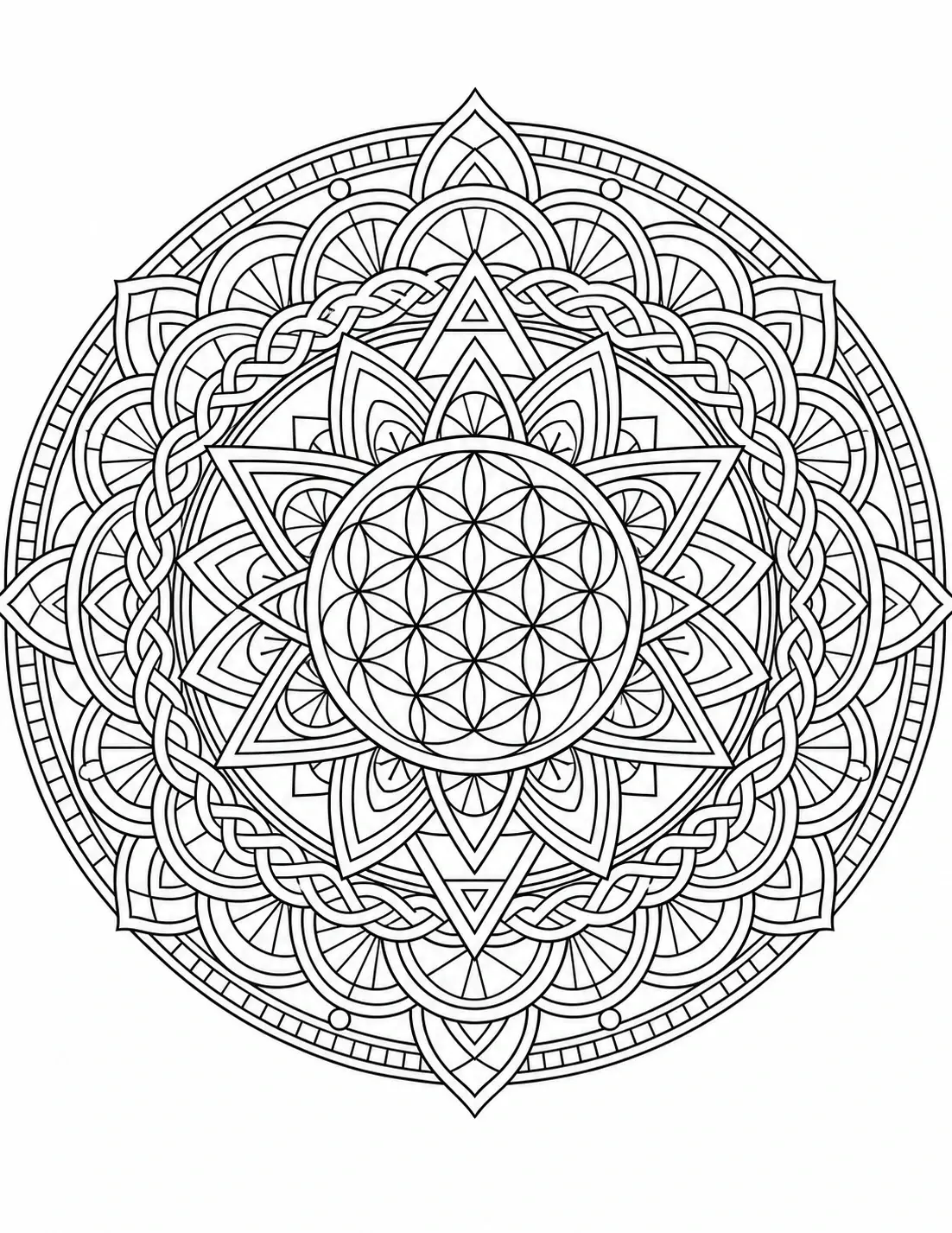 Black and white coloring page of intricate sacred geometry mandala with layered symmetrical geometric petals and a circular floral pattern in the center
