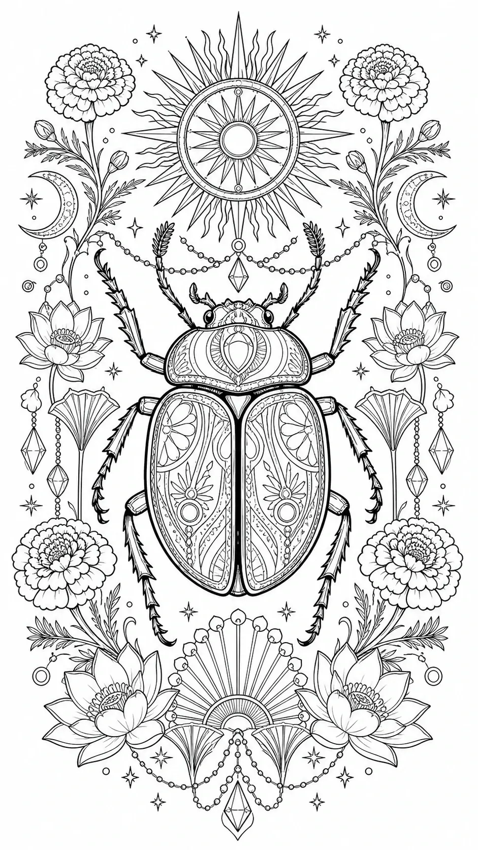 A detailed coloring page of a scarab beetle surrounded by flowers, moons, and sunburst motifs.