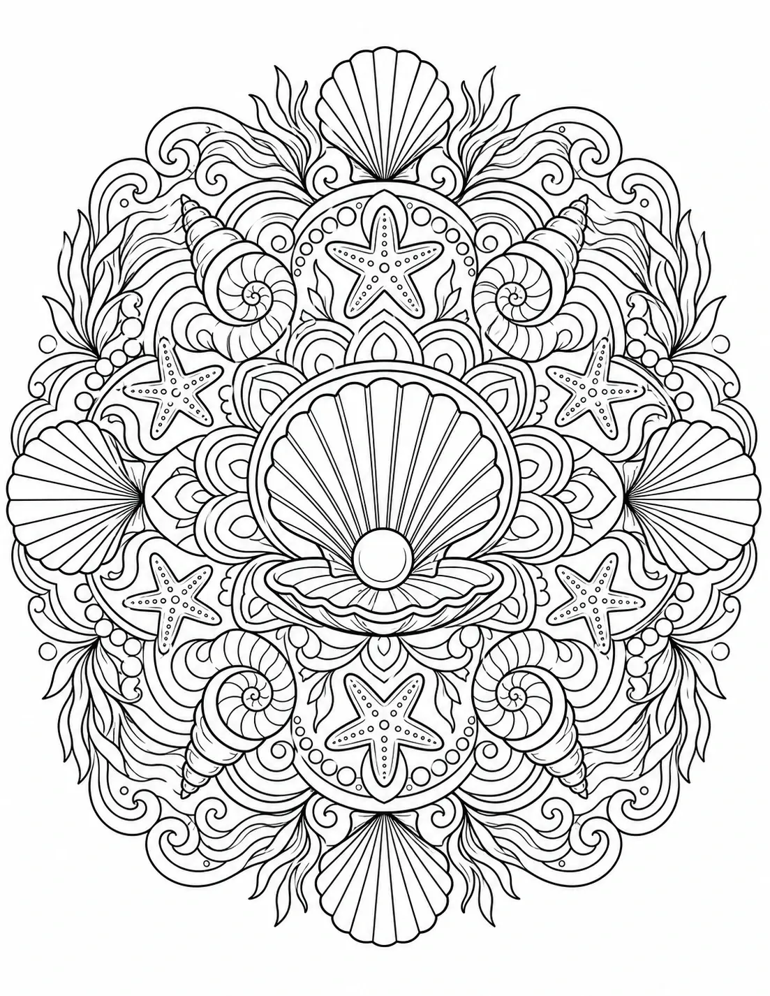 Intricate mandala coloring page with seashells, starfish, and ocean-inspired swirls.