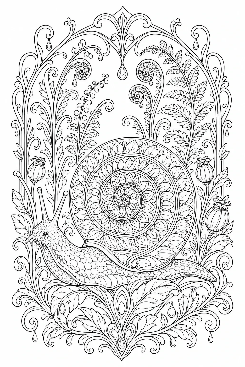Intricate black-and-white coloring page of a snail surrounded by a floral mandala and decorative garden vines.