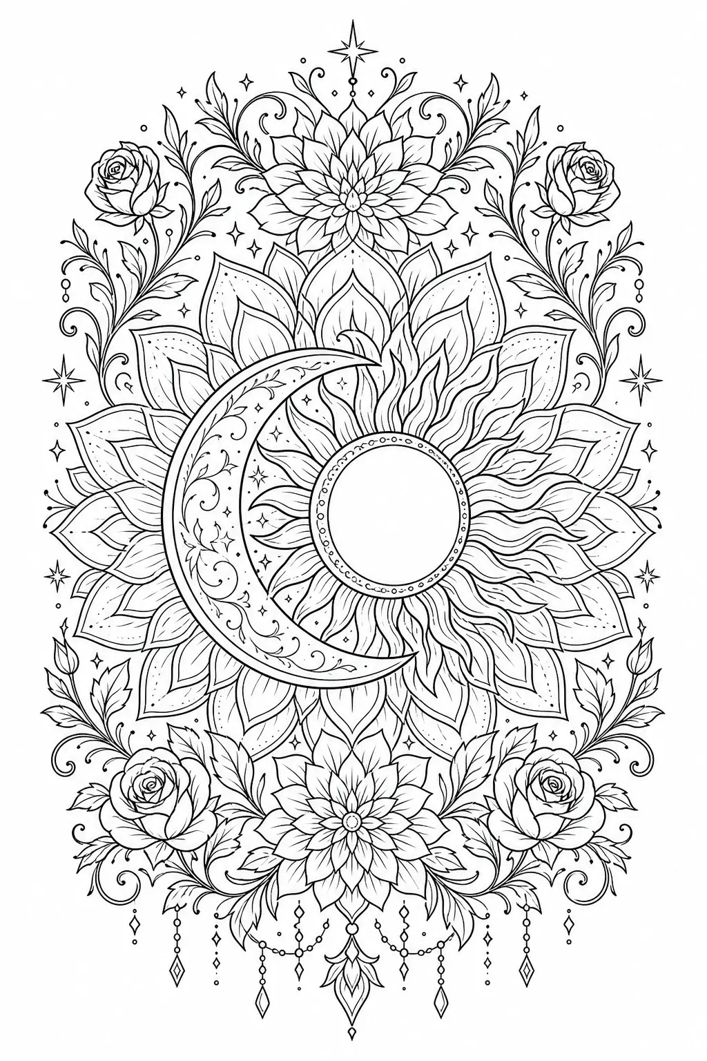 Intricate black-and-white mandala coloring page with a crescent moon, sun, and floral designs including roses and layered flowers.