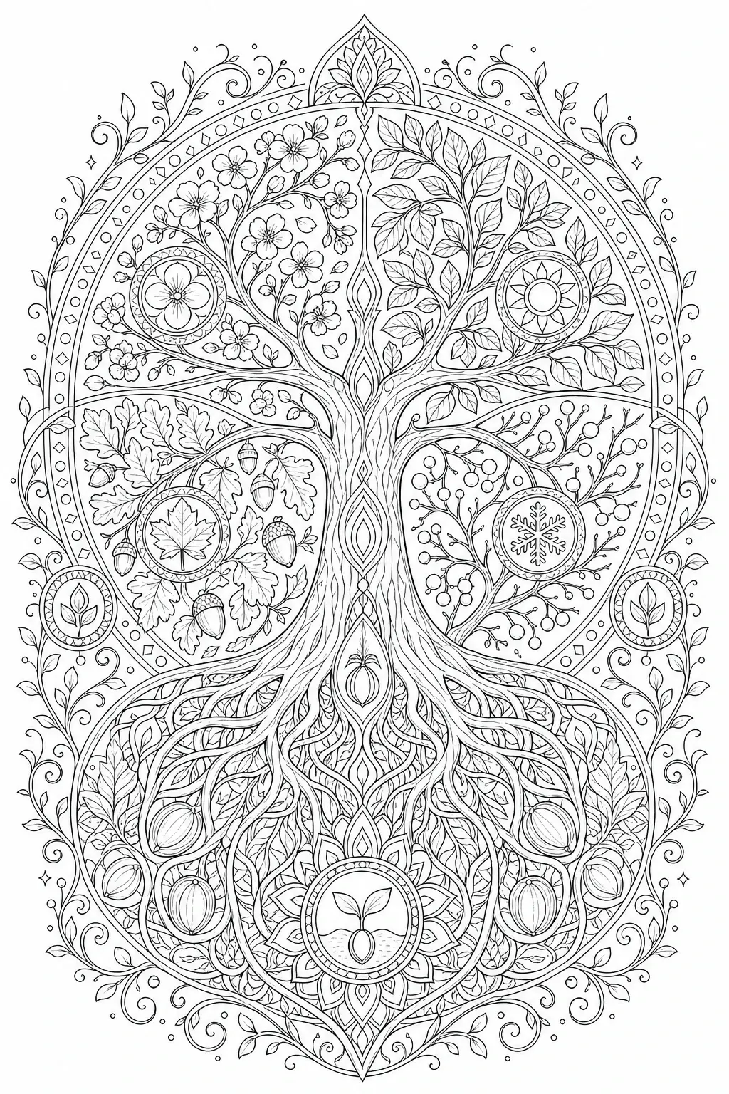 Intricate tree of life mandala coloring page with branches, roots, leaves, flowers, and seasonal nature symbols in a symmetrical circular design.