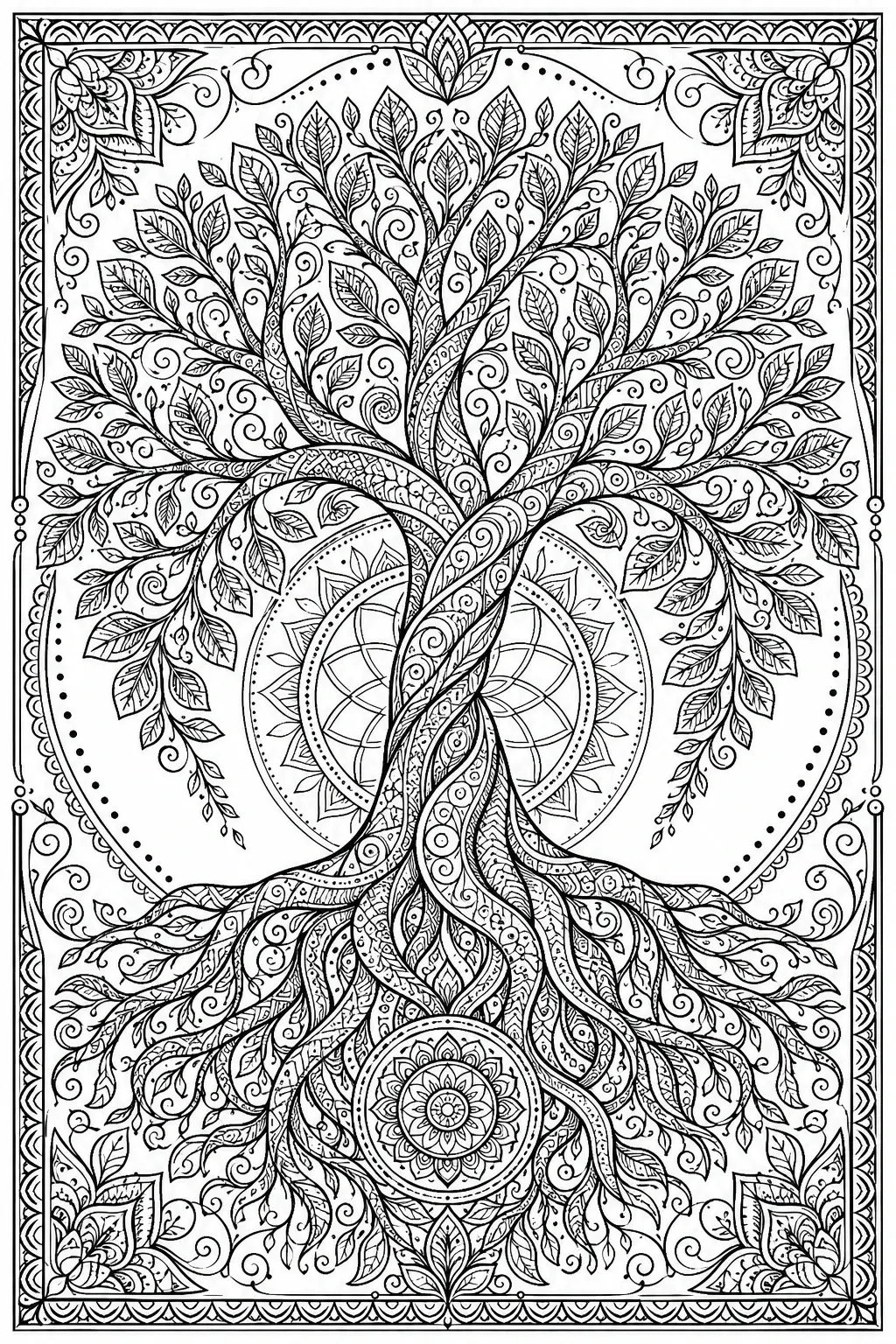 An intricate black-and-white coloring page shows a tree of life with swirling roots, leafy branches, and a decorative border.