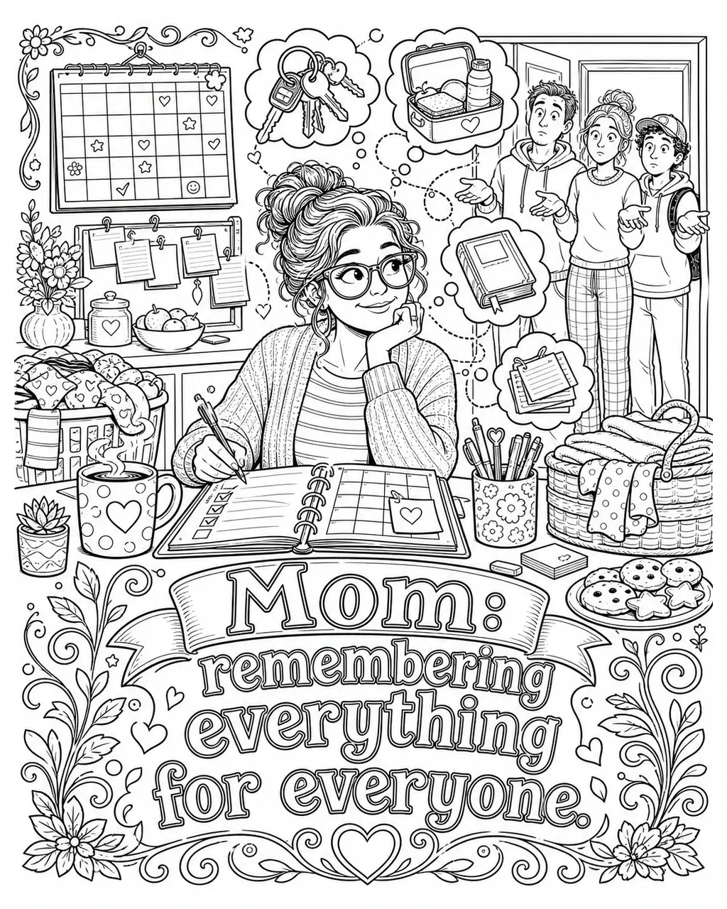 Black and white printable adult coloring page with the hand-lettered phrase Mom: remembering everything for everyone. Features wall calendar, planner and checklist, keys.