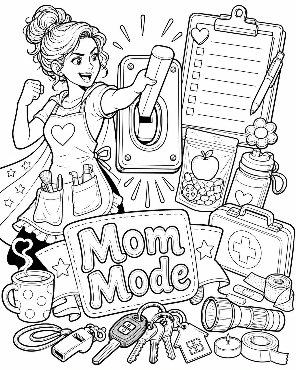 Black and white printable adult coloring page with the hand-lettered phrase Mom Mode. Features oversized mode toggle, clipboard schedule, snack pouch.