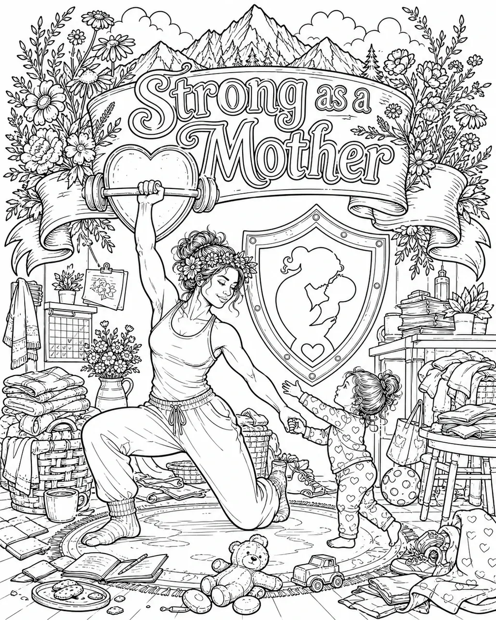 Black and white printable adult coloring page with the hand-lettered phrase Strong as a Mother. Features heart-shaped weight, mountain peak, protective shield.