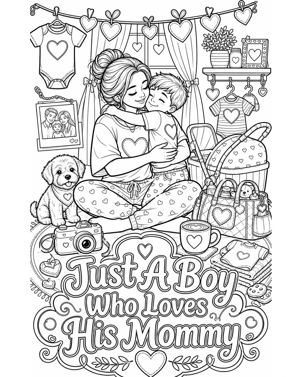 Black and white printable adult coloring page with the hand-lettered phrase Just A Boy Who Loves His Mommy. Features Boy hugging Mommy, matching shirt or onesie, heart garland, stroller or diaper bag