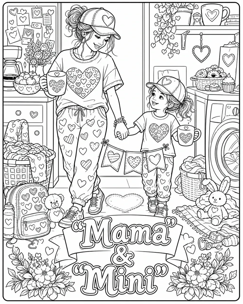 Black and white printable adult coloring page with the hand-lettered phrase "Mama" & "Mini". Features matching caps, two-size heart shirts, braided friendship bracelet.