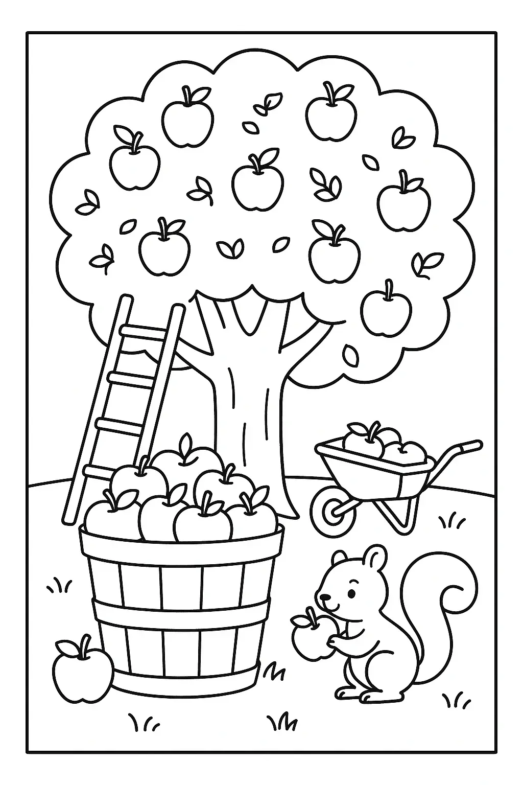 Coloring page of an apple orchard harvest scene with an apple tree, baskets of apples, a ladder, a wheelbarrow, and a squirrel holding an apple.