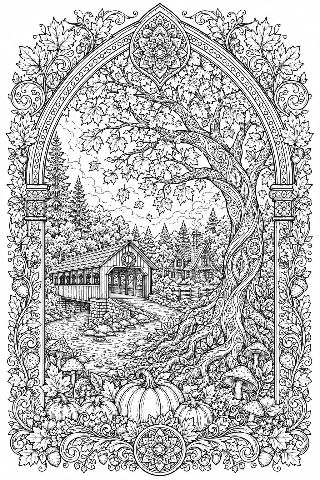A detailed black-and-white coloring page of an autumn landscape with a bridge, cabin, pumpkins, mushrooms, and a decorative arch frame.