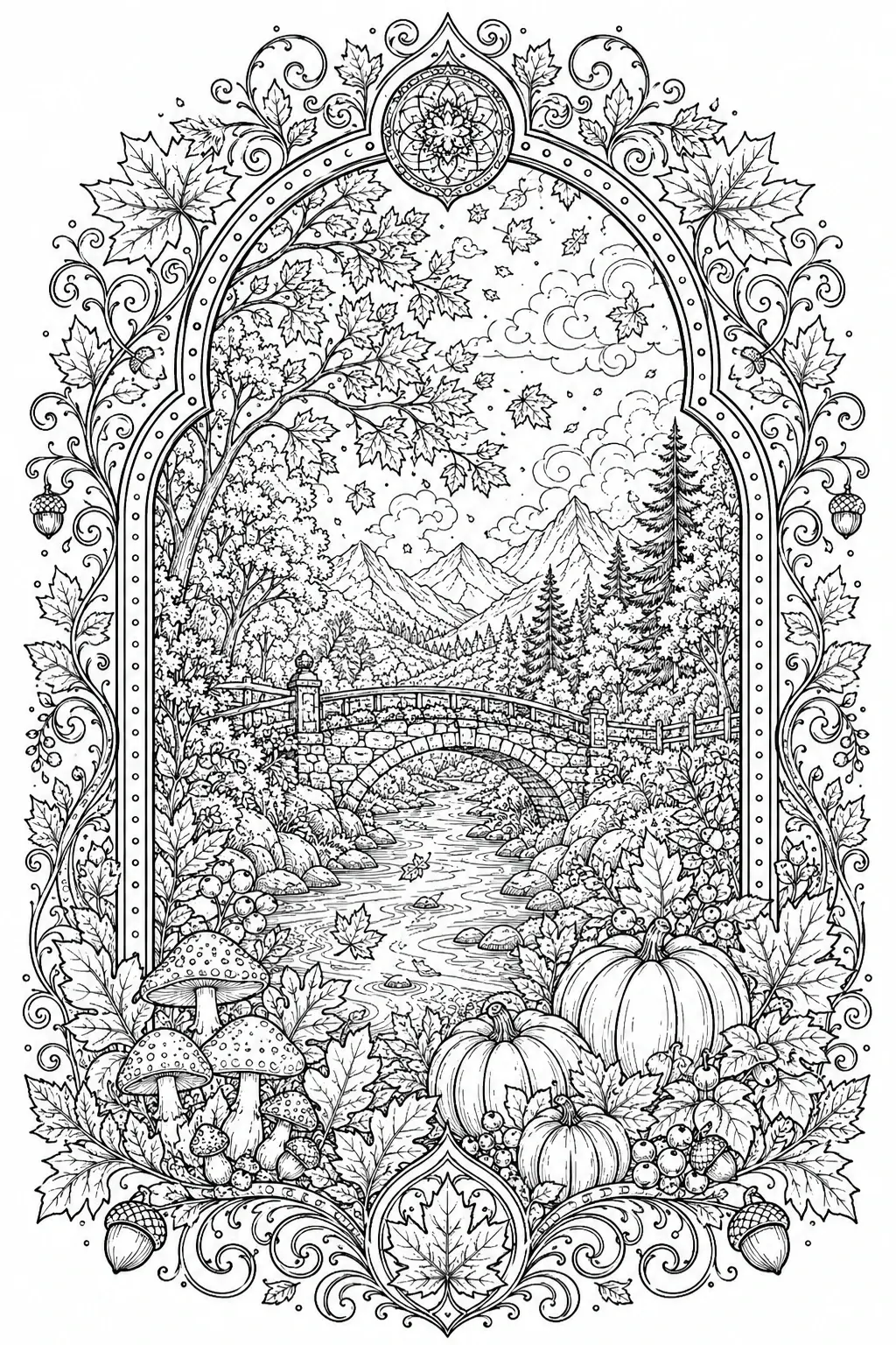 A black-and-white coloring page shows an autumn landscape with pumpkins, mushrooms, a stone bridge, a river, and mountains inside a decorative frame.