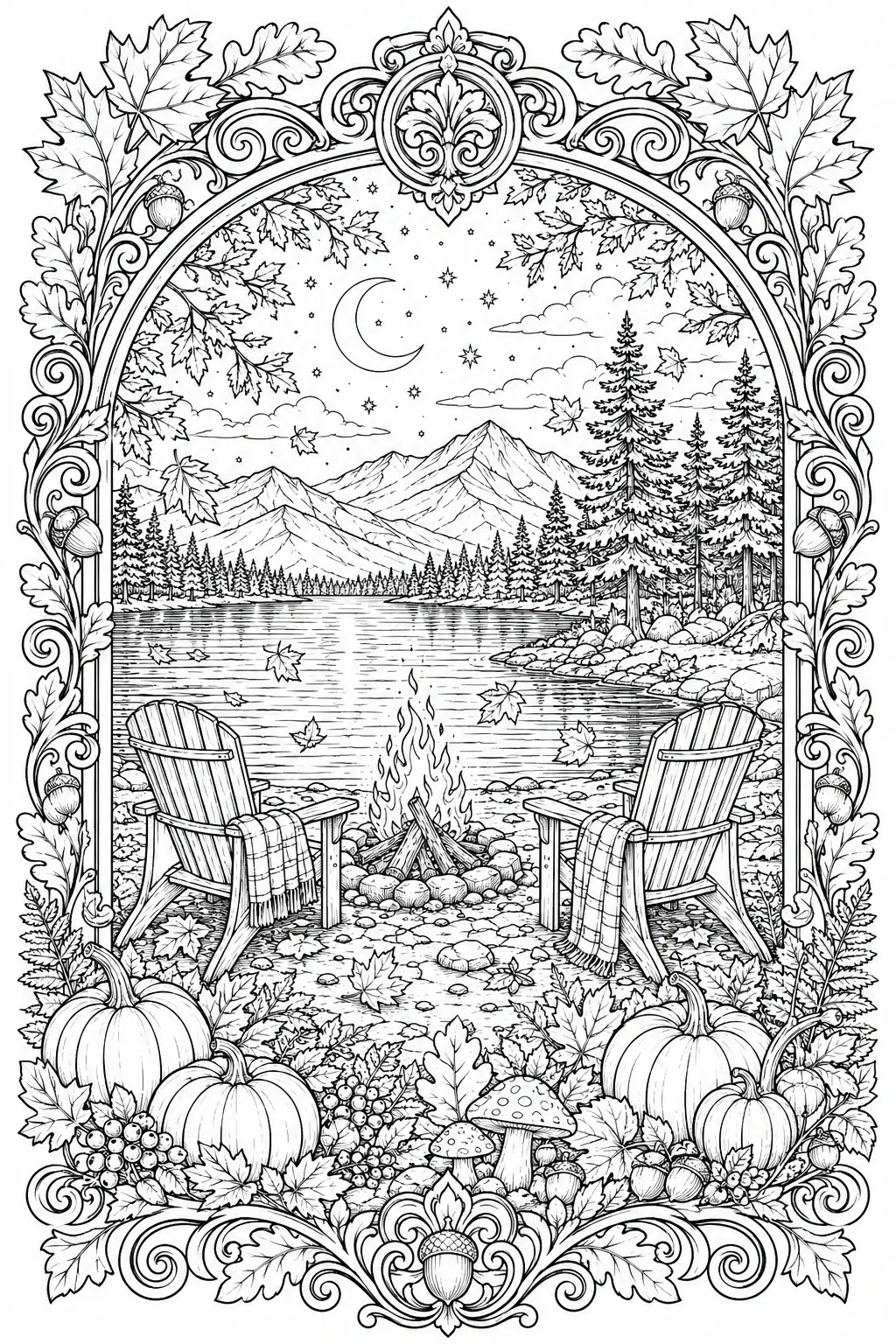 A detailed black-and-white coloring page shows two chairs by a campfire beside a lake with mountains, trees, pumpkins, and leaves in an ornate frame.