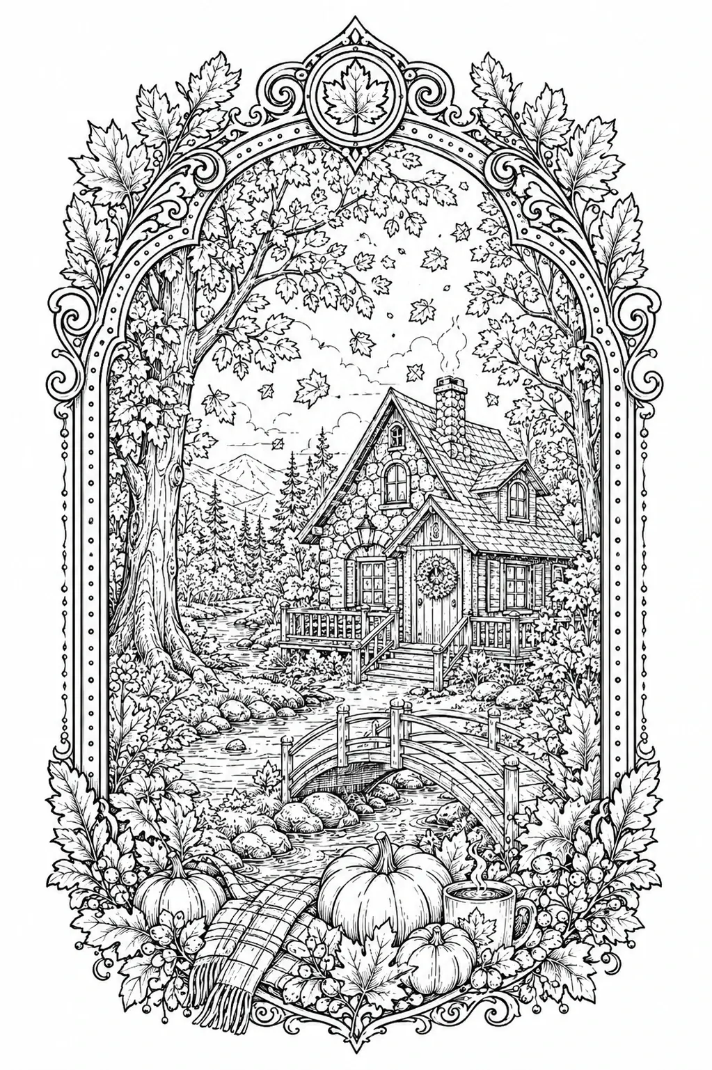 A black-and-white coloring page shows an autumn cottage by a stream with a bridge, pumpkins, and falling leaves.