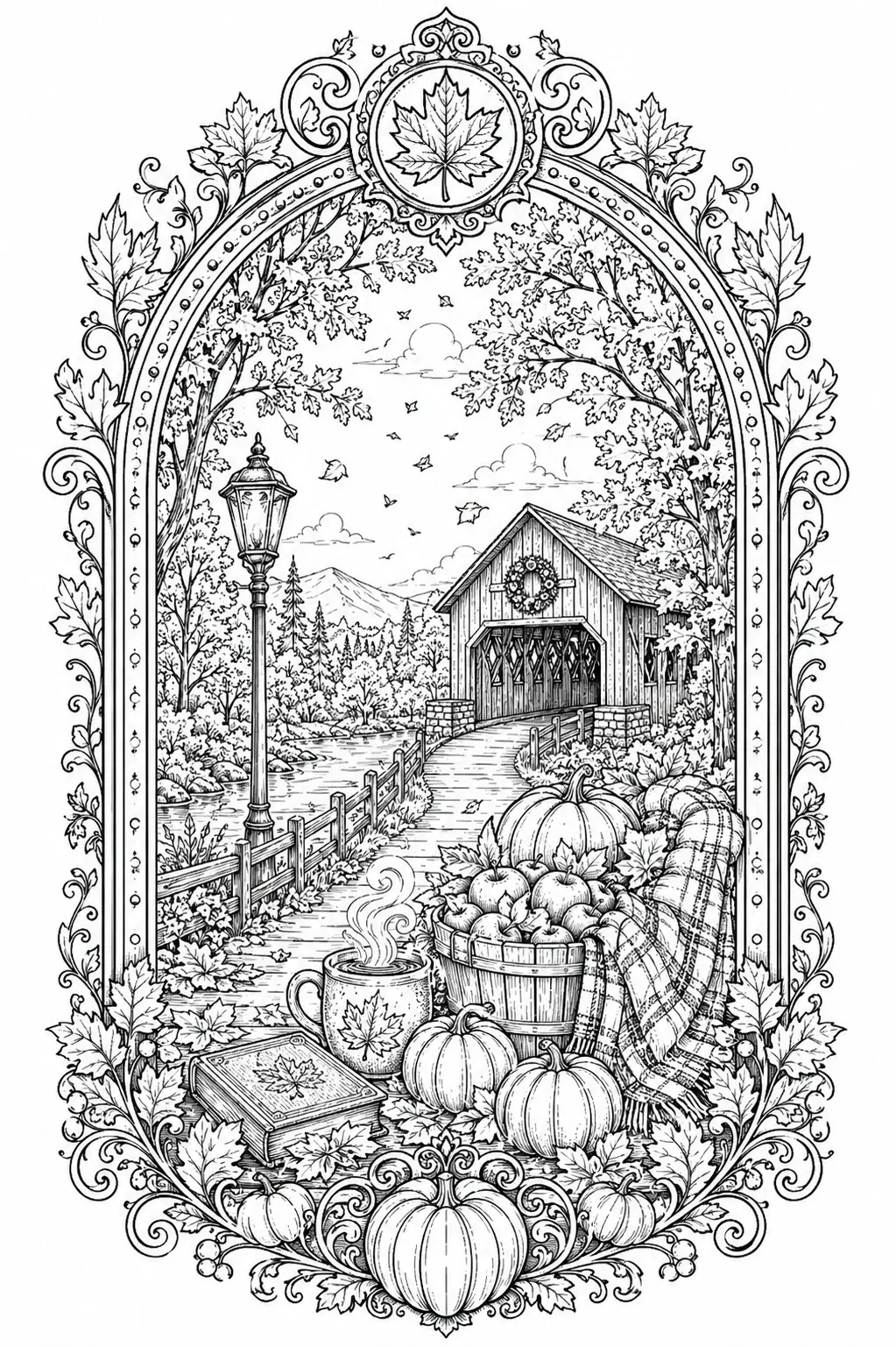A detailed coloring page shows an autumn covered bridge scene with pumpkins, falling leaves, a lantern, and an ornate frame.
