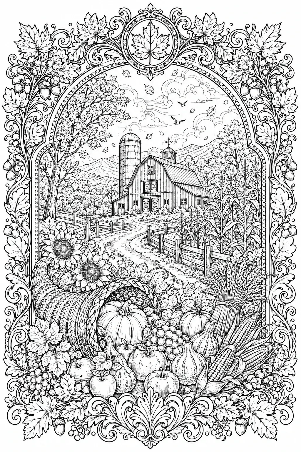 An intricate coloring page shows a farm barn and silo framed by autumn leaves, pumpkins, corn, and flowers.