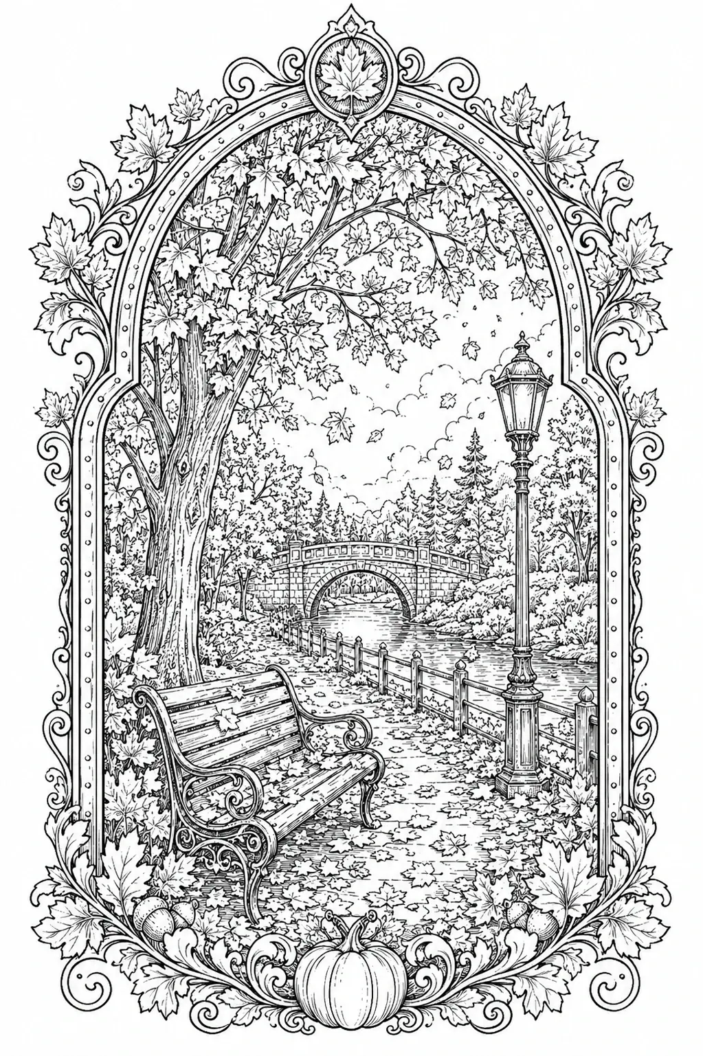 A detailed coloring page of an autumn park scene with a bench, bridge, lamppost, falling leaves, and a pumpkin frame.