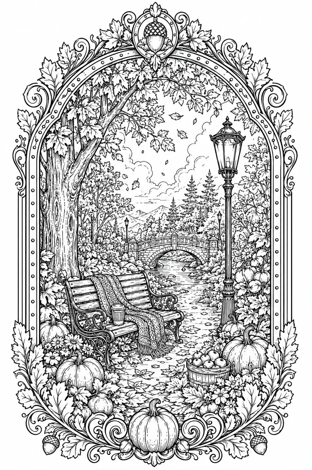 A detailed coloring page shows an autumn park scene with a bench, lamppost, bridge, pumpkins, and leafy trees in black-and-white.